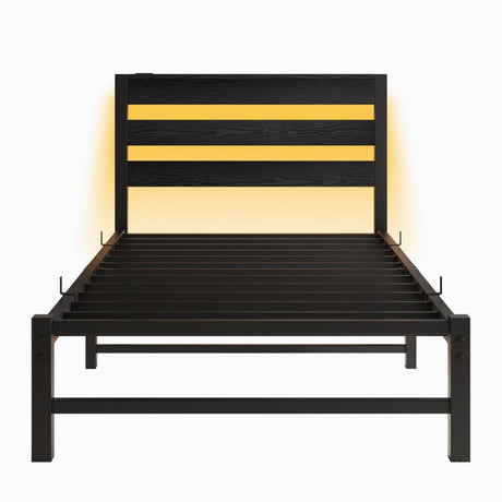 Twin Heavy Duty Metal Platform Bed Frame With USB - Driftwood - Omega Lifestyles