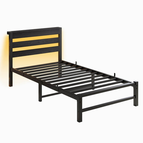 Twin Heavy Duty Metal Platform Bed Frame With USB - Driftwood - Omega Lifestyles