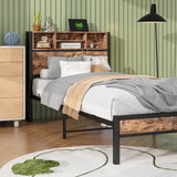 Twin Industrial Metal Wood Platform Bed Frame With Charging Station - Driftwood - Omega Lifestyles