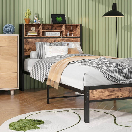 Twin Industrial Metal Wood Platform Bed Frame With Charging Station - Driftwood - Omega Lifestyles