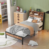 Twin Industrial Metal Wood Platform Bed Frame With Charging Station - Driftwood - Omega Lifestyles