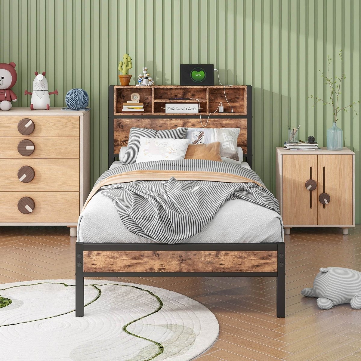 Twin Industrial Metal Wood Platform Bed Frame With Charging Station - Driftwood - Omega Lifestyles