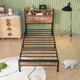 Twin Industrial Metal Wood Platform Bed Frame With Charging Station - Driftwood - Omega Lifestyles