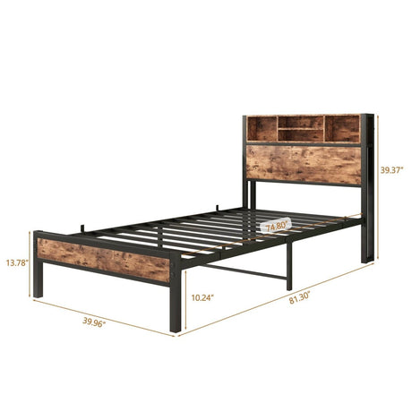 Twin Industrial Metal Wood Platform Bed Frame With Charging Station - Driftwood - Omega Lifestyles