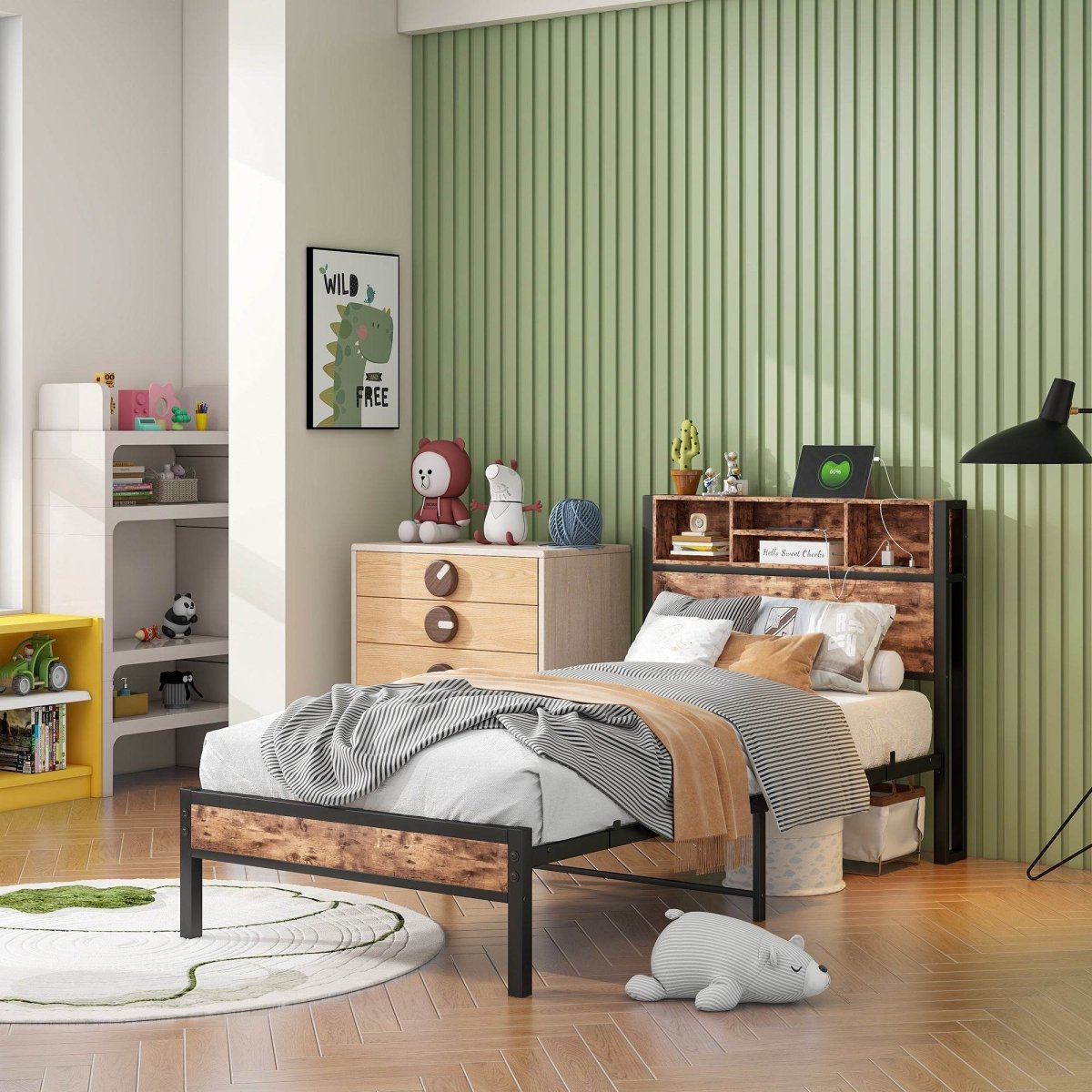 Twin Industrial Metal Wood Platform Bed Frame With Charging Station - Driftwood - Omega Lifestyles