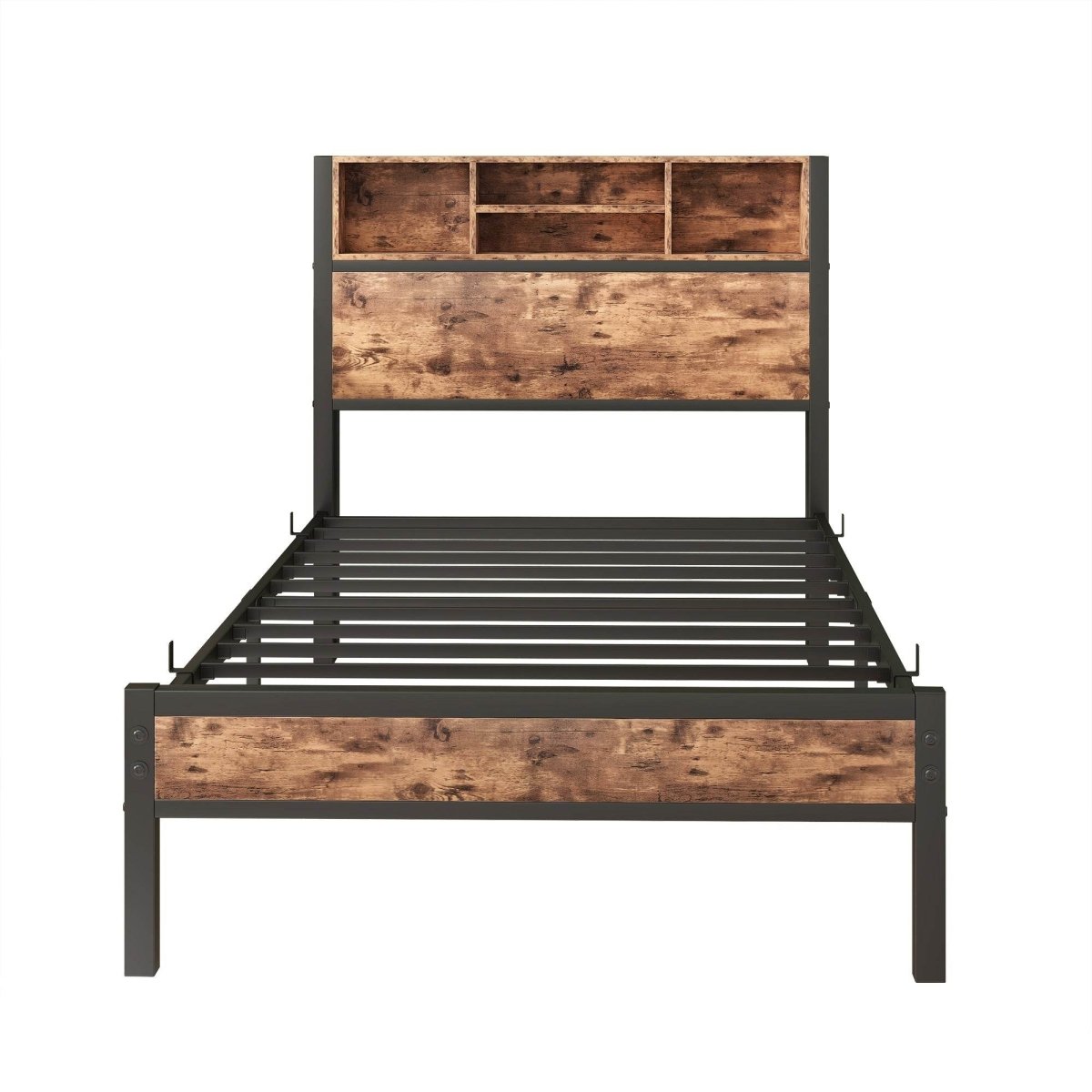 Twin Industrial Metal Wood Platform Bed Frame With Charging Station - Driftwood - Omega Lifestyles