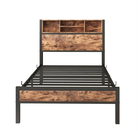 Twin Industrial Metal Wood Platform Bed Frame With Charging Station - Driftwood - Omega Lifestyles
