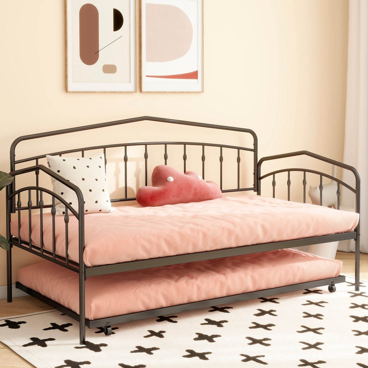 Twin Metal Daybed With Trundle Black Frame Set - Driftwood - Omega Lifestyles