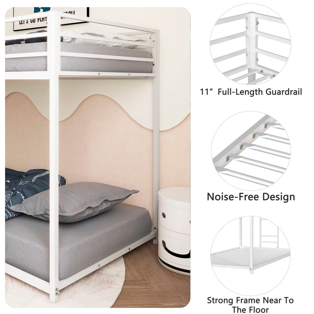 Twin Metal Twin Over Twin Bunk Bed Frame With Ladder And Guardrails - Driftwood - Omega Lifestyles