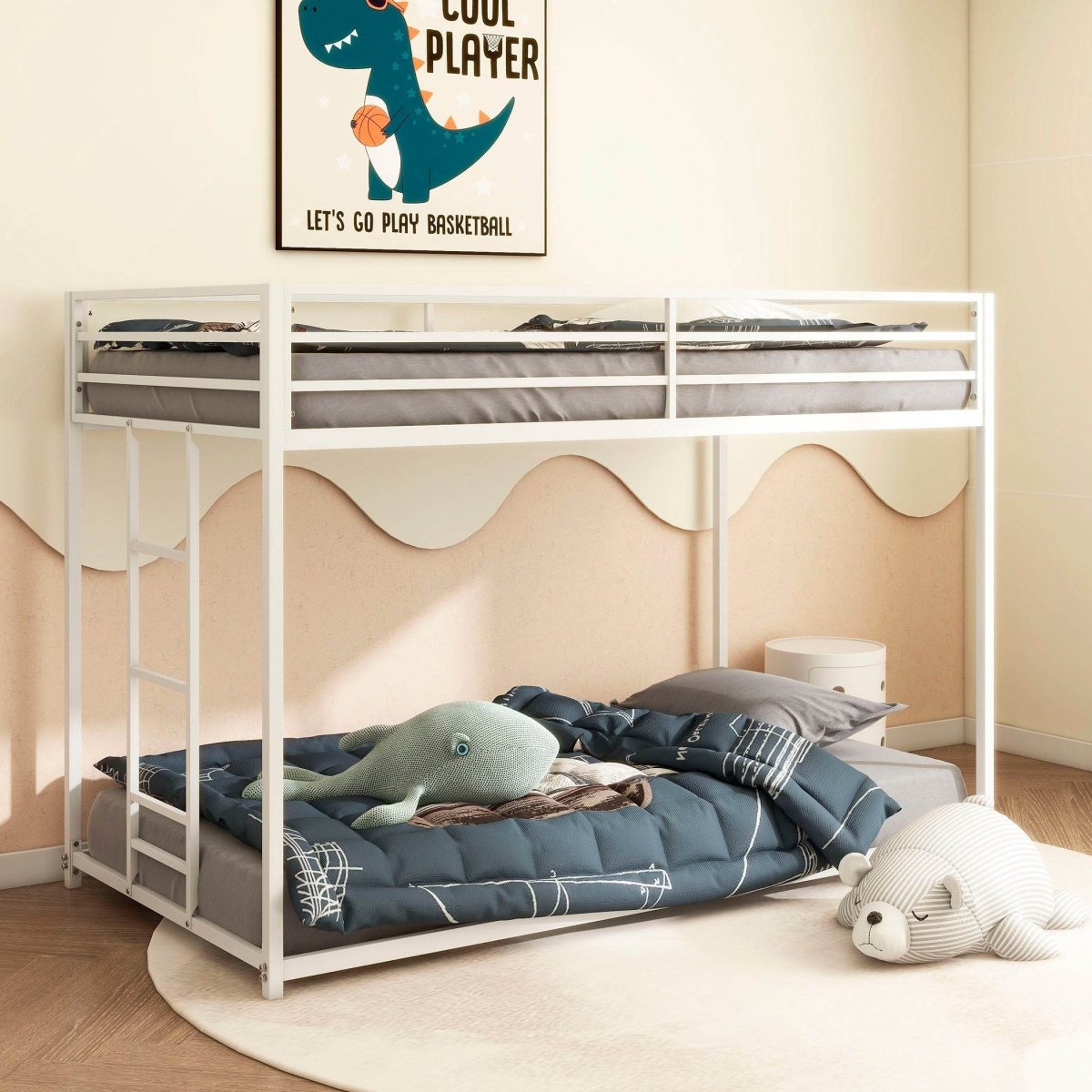Twin Metal Twin Over Twin Bunk Bed Frame With Ladder And Guardrails - Driftwood - Omega Lifestyles