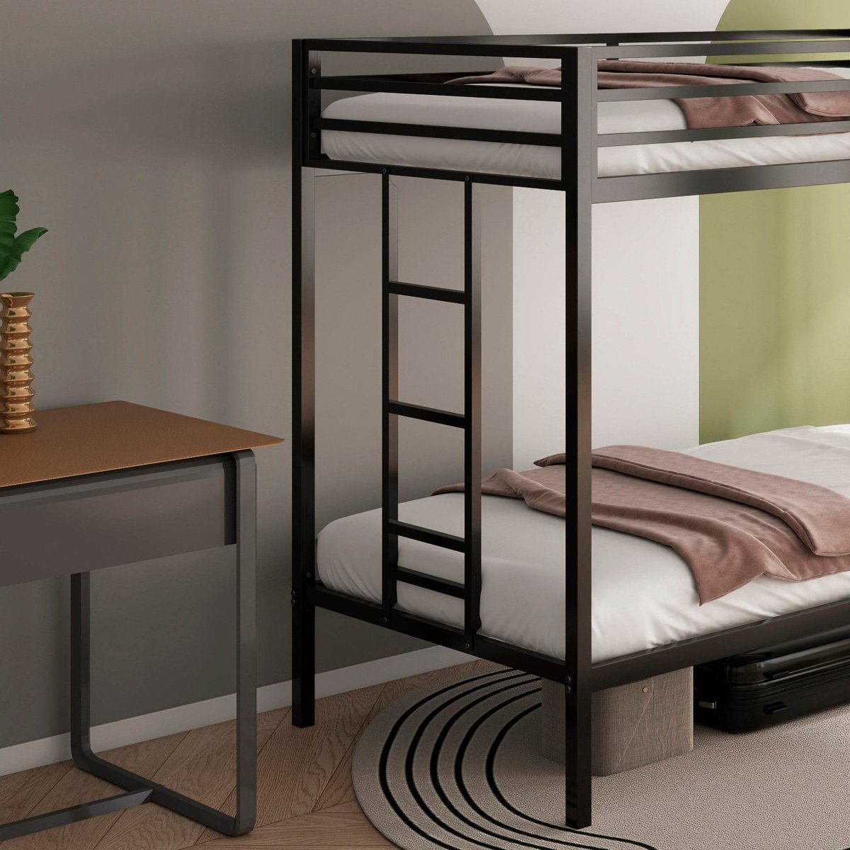 Twin Over Twin Metal Bunk Bed Frame With Ladder And Guardrails - Driftwood - Omega Lifestyles