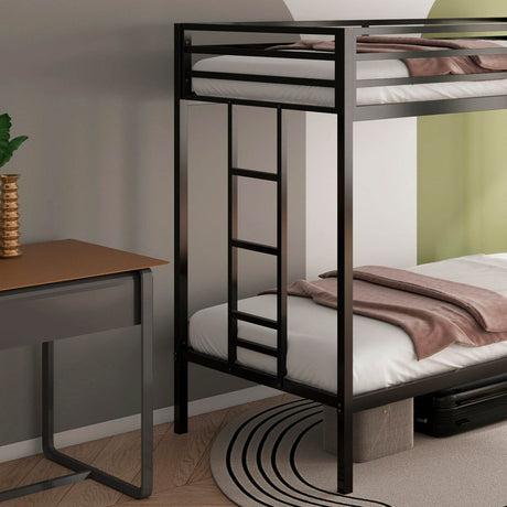 Twin Over Twin Metal Bunk Bed Frame With Ladder And Guardrails - Driftwood - Omega Lifestyles