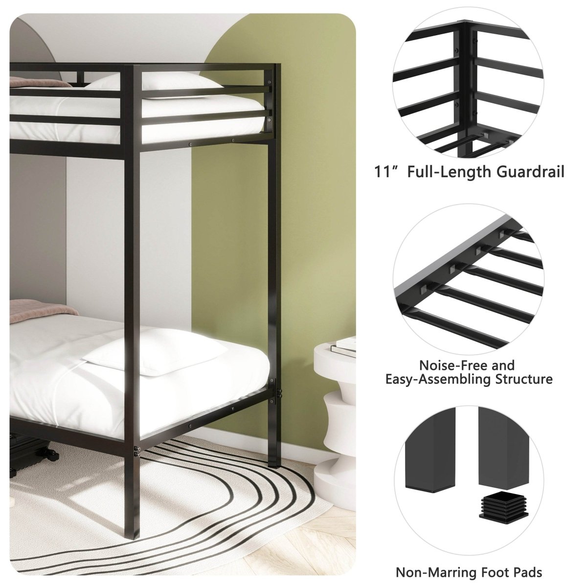 Twin Over Twin Metal Bunk Bed Frame With Ladder And Guardrails - Driftwood - Omega Lifestyles