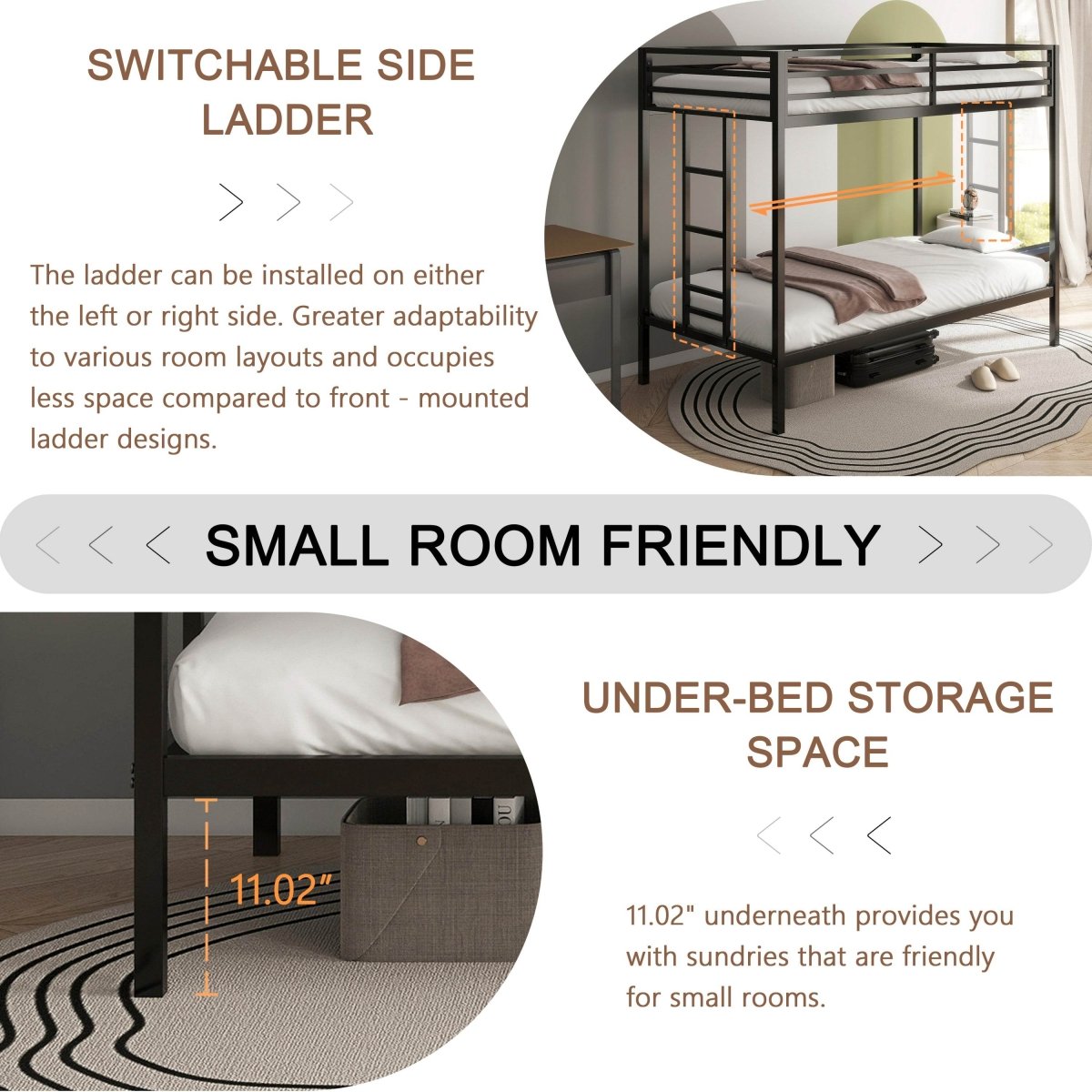 Twin Over Twin Metal Bunk Bed Frame With Ladder And Guardrails - Driftwood - Omega Lifestyles