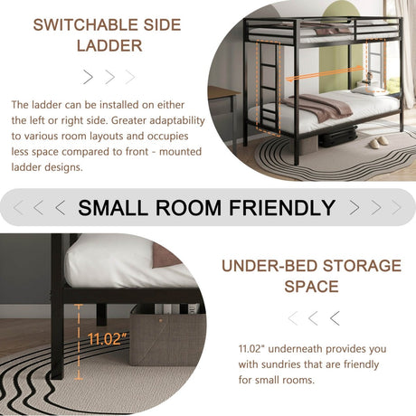 Twin Over Twin Metal Bunk Bed Frame With Ladder And Guardrails - Driftwood - Omega Lifestyles