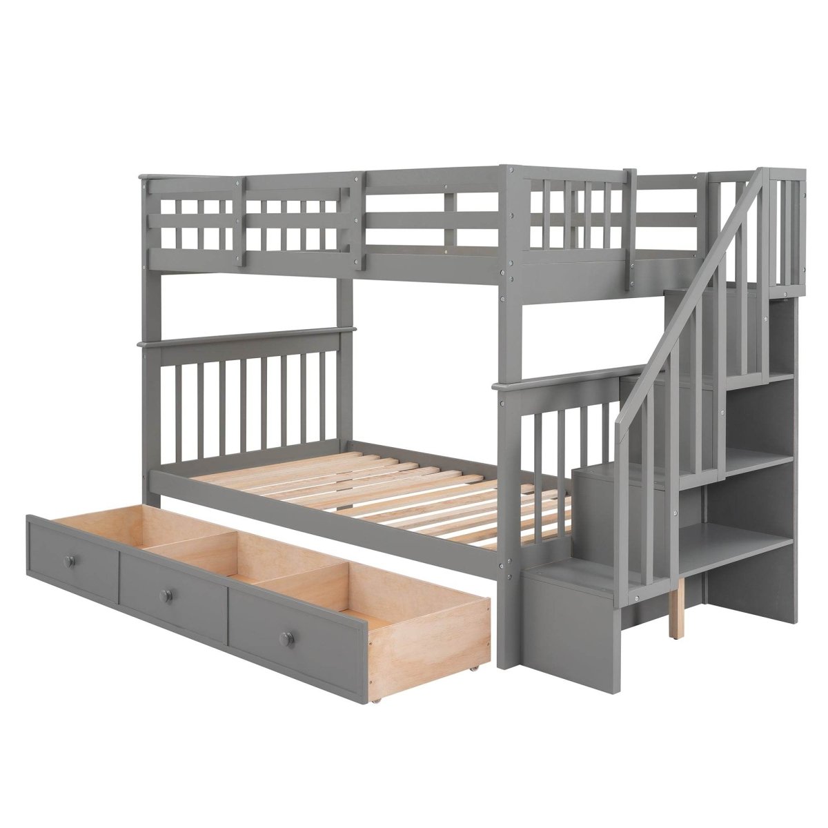 Twin Over Twin Solid Wood Bunk Bed With Stairway Storage - Driftwood - Omega Lifestyles