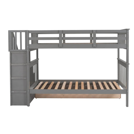 Twin Over Twin Solid Wood Bunk Bed With Stairway Storage - Driftwood - Omega Lifestyles