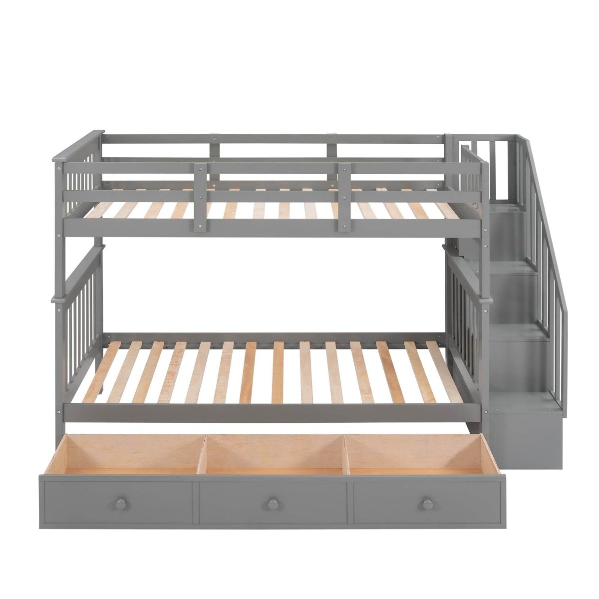 Twin Over Twin Solid Wood Bunk Bed With Stairway Storage - Driftwood - Omega Lifestyles