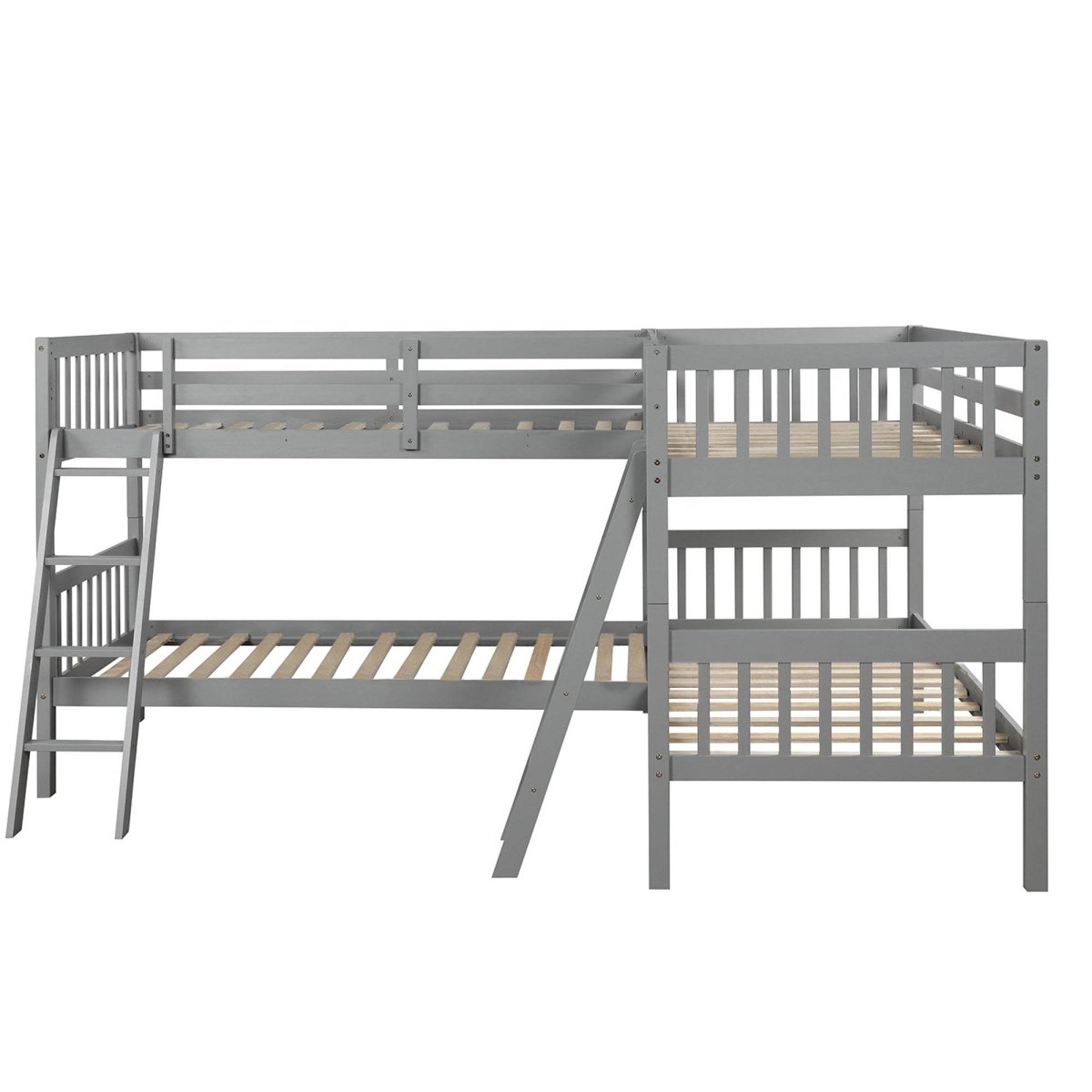 Twin - Over - Twin Solid Wood L - Shaped Bunk Bed With Ladder - Driftwood - Omega Lifestyles