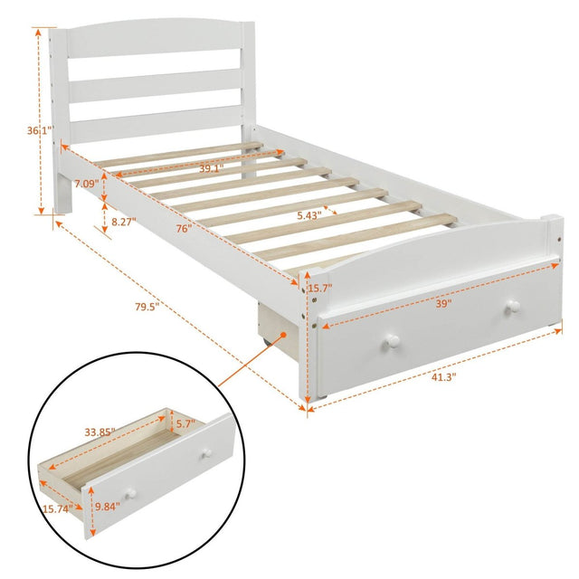 Twin Solid Wood Classic Platform Bed Frame With Storage Drawer - Omega Lifestyles