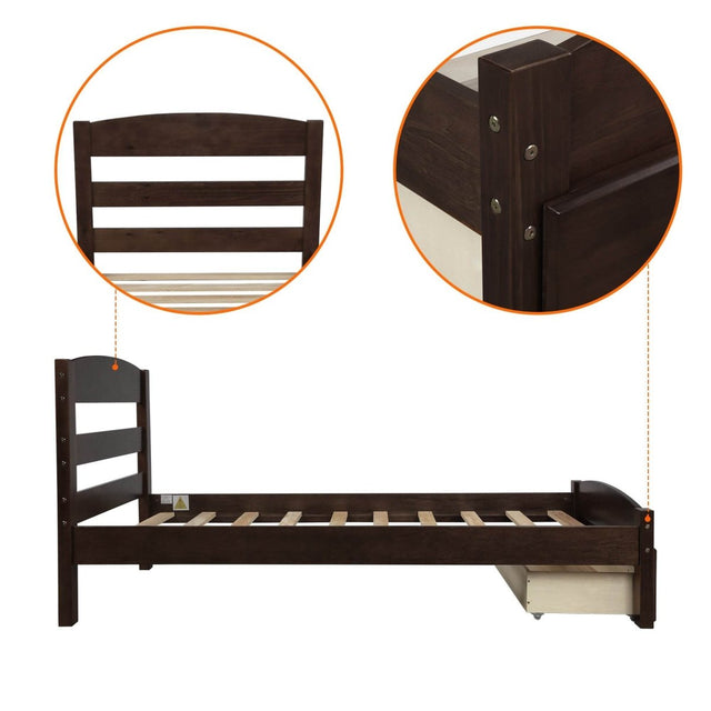 Twin Solid Wood Espresso Platform Bed Frame With Storage Drawer - Omega Lifestyles