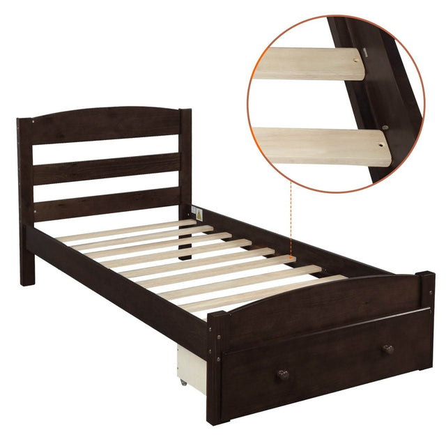 Twin Solid Wood Espresso Platform Bed Frame With Storage Drawer - Omega Lifestyles