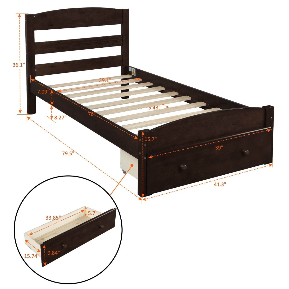 Twin Solid Wood Espresso Platform Bed Frame With Storage Drawer - Driftwood - Omega Lifestyles