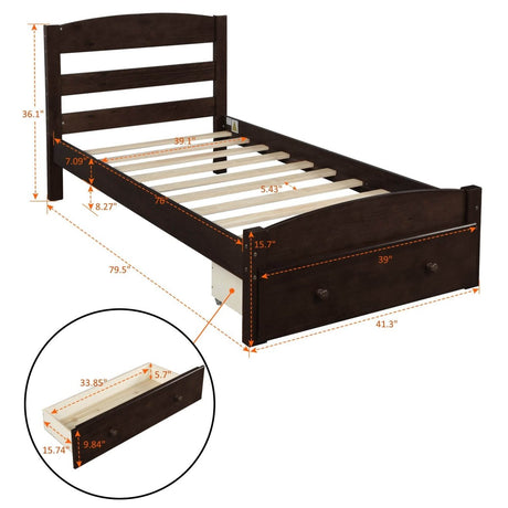 Twin Solid Wood Espresso Platform Bed Frame With Storage Drawer - Driftwood - Omega Lifestyles