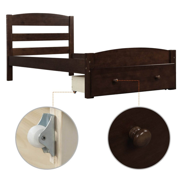 Twin Solid Wood Espresso Platform Bed Frame With Storage Drawer - Omega Lifestyles