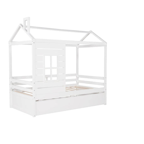 Twin Solid Wood House Bed With Twin Trundle - Driftwood - Omega Lifestyles