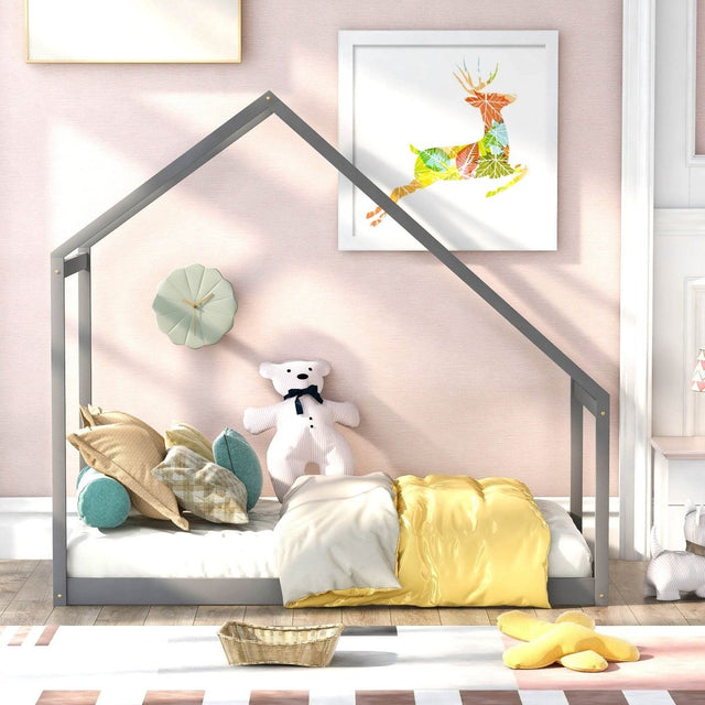 Twin Solid Wood Kids House Bed Frame - Driftwood - Omega Lifestyles