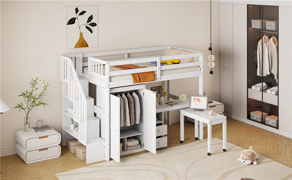 Twin Solid Wood Multifunctional Loft Bed With Storage - Driftwood - Omega Lifestyles
