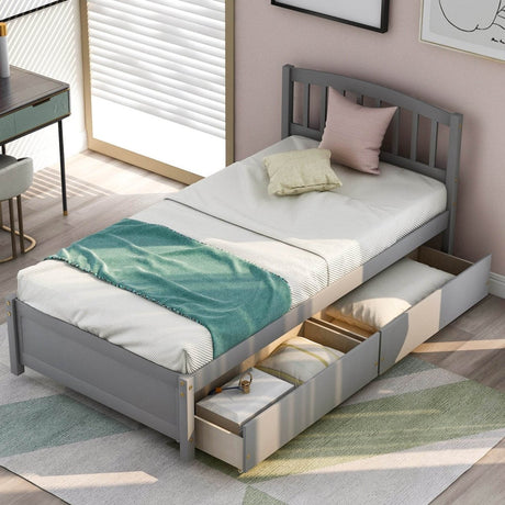 Twin Solid Wood Platform Bed Frame With Storage Drawers - Driftwood - Omega Lifestyles