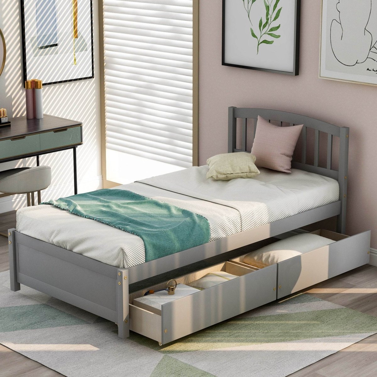 Twin Solid Wood Platform Bed Frame With Storage Drawers - Driftwood - Omega Lifestyles