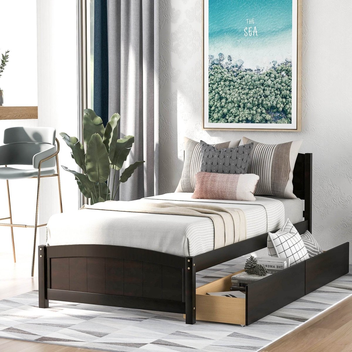 Twin Solid Wood Platform Bed With Two Drawers - Driftwood - Omega Lifestyles