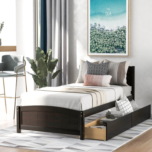 Twin Solid Wood Platform Bed With Two Drawers - Driftwood - Omega Lifestyles