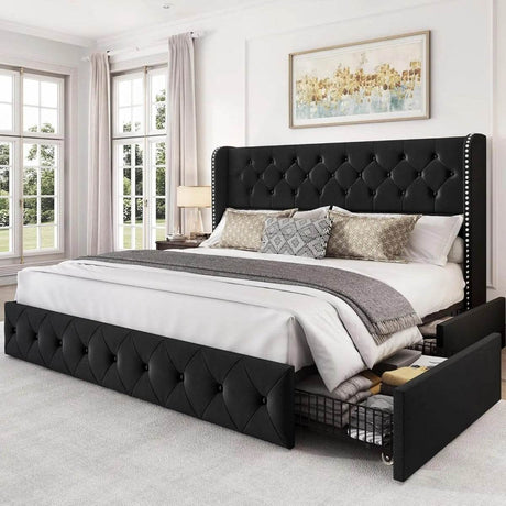 Velvet Upholstered Platform Bed Frame With Storage Drawers - Omega Lifestyles