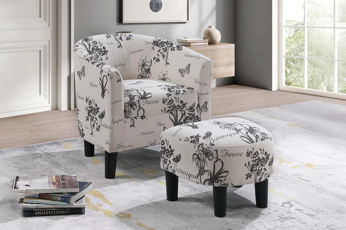 Vintage-Print Fabric Accent Chair With Ottoman Set - Omega Lifestyles