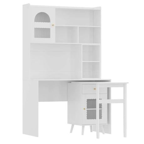 White Computer Desk With 90-Degree Rotating Desktop and Storage - Omega Lifestyles