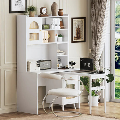 White Computer Desk With 90-Degree Rotating Desktop and Storage - Omega Lifestyles