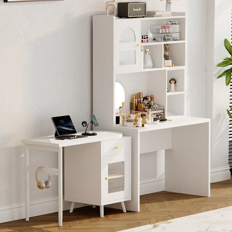 White Computer Desk With 90-Degree Rotating Desktop and Storage - Omega Lifestyles