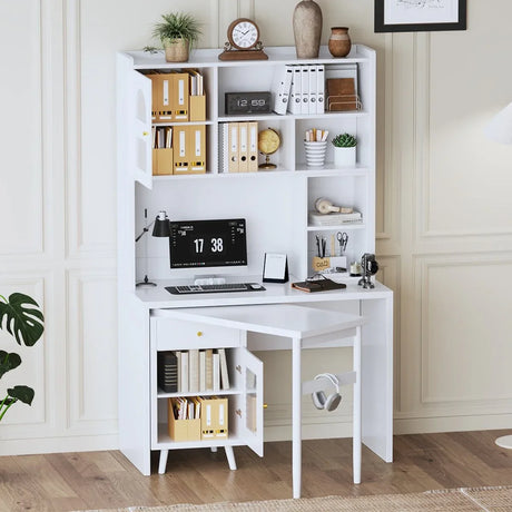 White Computer Desk With 90-Degree Rotating Desktop and Storage - Omega Lifestyles