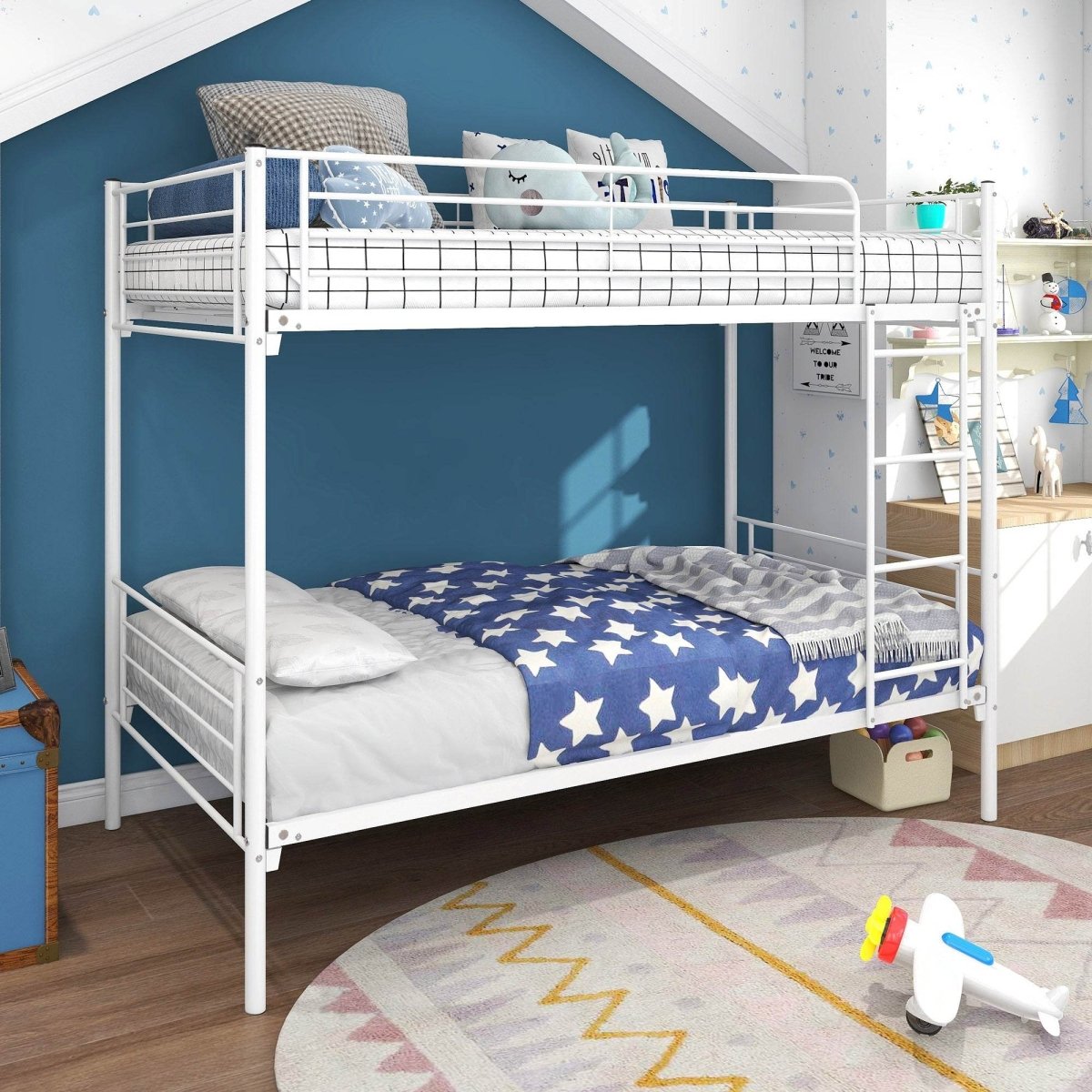 White Metal Twin - Over - Twin Bunk Bed Frame With Ladder - Driftwood - Omega Lifestyles