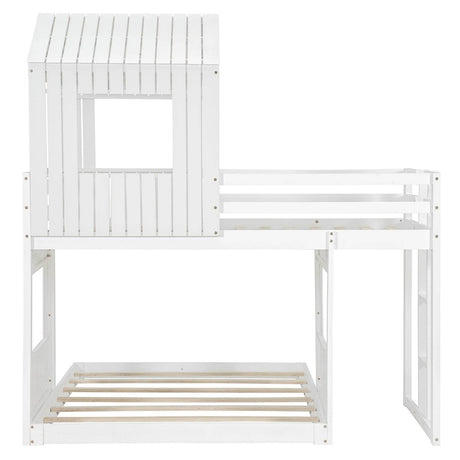 White Twin - Over - Full Solid Wood Playhouse Bunk Bed - Driftwood - Omega Lifestyles