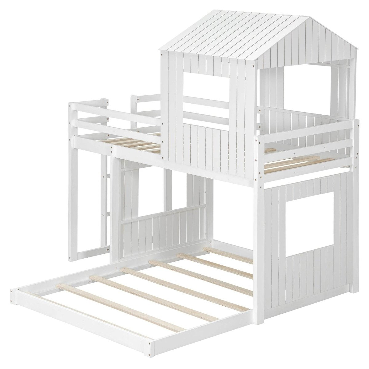 White Twin - Over - Full Solid Wood Playhouse Bunk Bed - Driftwood - Omega Lifestyles