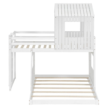 White Twin - Over - Full Solid Wood Playhouse Bunk Bed - Driftwood - Omega Lifestyles