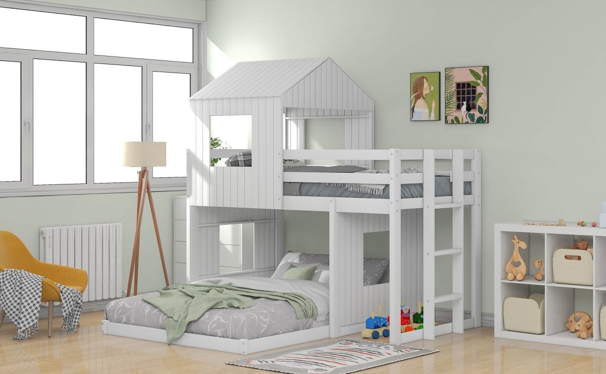 White Twin - Over - Full Solid Wood Playhouse Bunk Bed - Driftwood - Omega Lifestyles