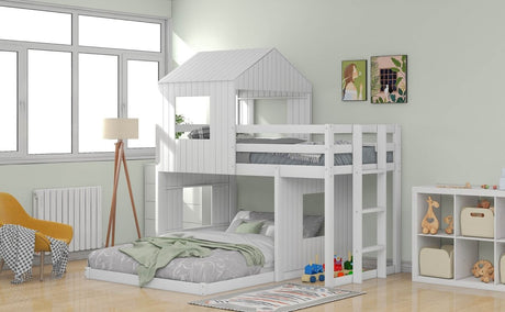 White Twin - Over - Full Solid Wood Playhouse Bunk Bed - Driftwood - Omega Lifestyles