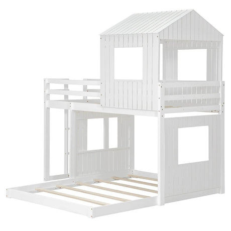 White Twin - Over - Full Solid Wood Playhouse Bunk Bed - Driftwood - Omega Lifestyles