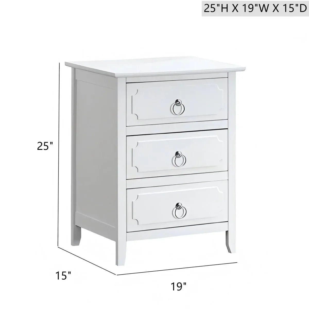 White Wood 3-Drawer Nightstand With Polished Nickel Hardware - Omega Lifestyles